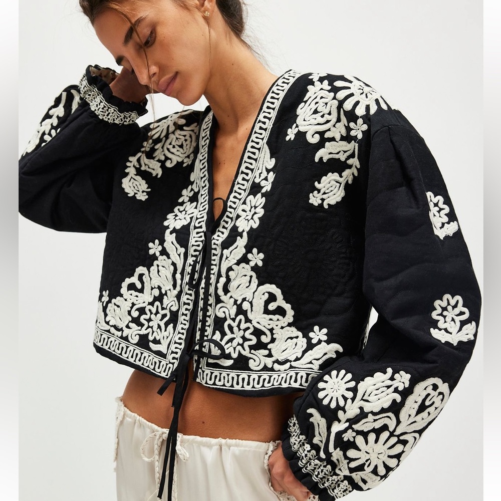 NWOT Free People Bali Mabel Embroidered Jacket in Black Combo